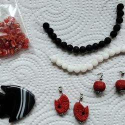 Beaded Gemstone Fish Necklace & Earrings Jewelry Making Destash