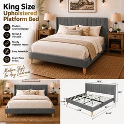 Brand New King Size Upholstered Platform Bed – Gray