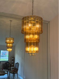 Vintage Hollywood Regency Lucite Chandelier – Brass Amber Tiered Light