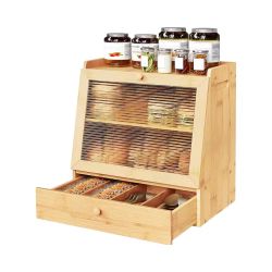 Bread Box, Bamboo Bread Box Storage Container with Drawer, 2-Tier Kitchen Countertop Food Storage Box with Acrylic Door, for Food, Natural brand new i