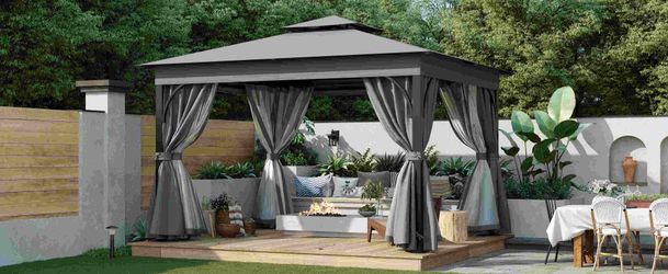 TREXM 10x12 Outdoor Gazebo Tent with Double Roofs, Patio Gazebo with Mosquito Netting and Privacy Screens, Patio Canopy for Shade and Rain for Backyar