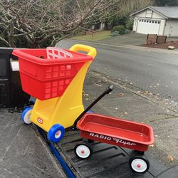 Child Kid Children Toddler Walker Push Shopping Cart Kart and Plastic Radio Flyer Wagon for Stuff Animals and Dolls Tricycle Trike 21” High In Great C