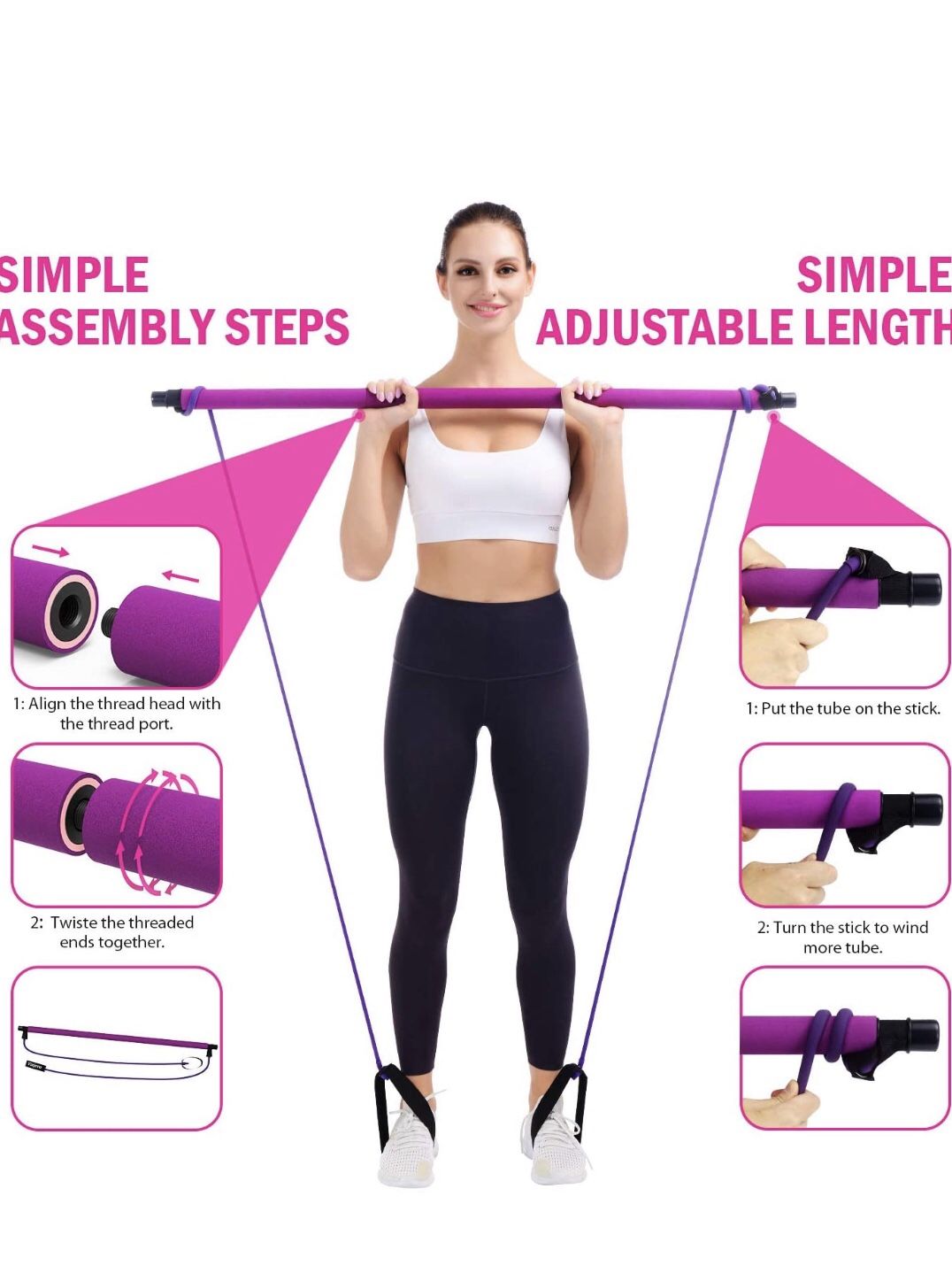 Viajero Pilates Bar Kit for Portable Home Gym Workout - 2 Latex Exercise Resistance Band - 3-Section Sticks - All-in-one Strength Weights Equipment f