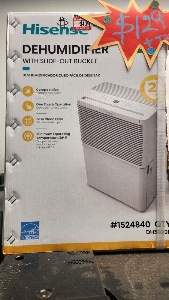 HISENSE,  New dehumidifier, easy to clean filter, compact size, minimum operating temperature 38°F 