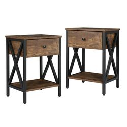 Sale! Set of 2 End Table Sofa Side Tables with X-Design Metal Frame for Bedroom Home Brown