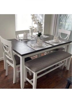 Dining table set with chairs and bench