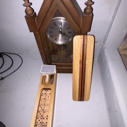 Vintage hardwood creations multi game set w/ cribbage board.   31 day antique Korean clock.