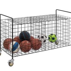 X-Large Capacity Black Metal Sports Ball and Gym Equipment Storage Rolling Cart with 2 Compartments, Lock Latch and Heavy-Duty Locking Caster Wheels, 