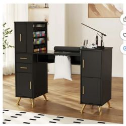 Advwin Manicure Table with Glass Top, Dust Collector, Wrist Cushion, Storage Drawers & Shelves, Nail Desk for Nail Tech Salon Manicure Workstation, Bl