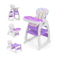 High Chair , Purple, 3-in-1 for Babies and Toddlers, Convertible Booster Seat, Feeding Tray and Backrest, Purple, NEW
