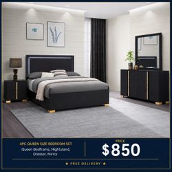 💥 FREE DELIVERY💥Brand new 4PC Queen Size Bedroom Set (Queen Bedframe, Nightstand, Dresser, Mirror)