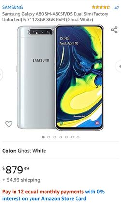 Samsung Galaxy A80 SM-A805F/DS Dual Sim (Factory Unlocked) 6.7" 128GB 8GB RAM (Ghost White)