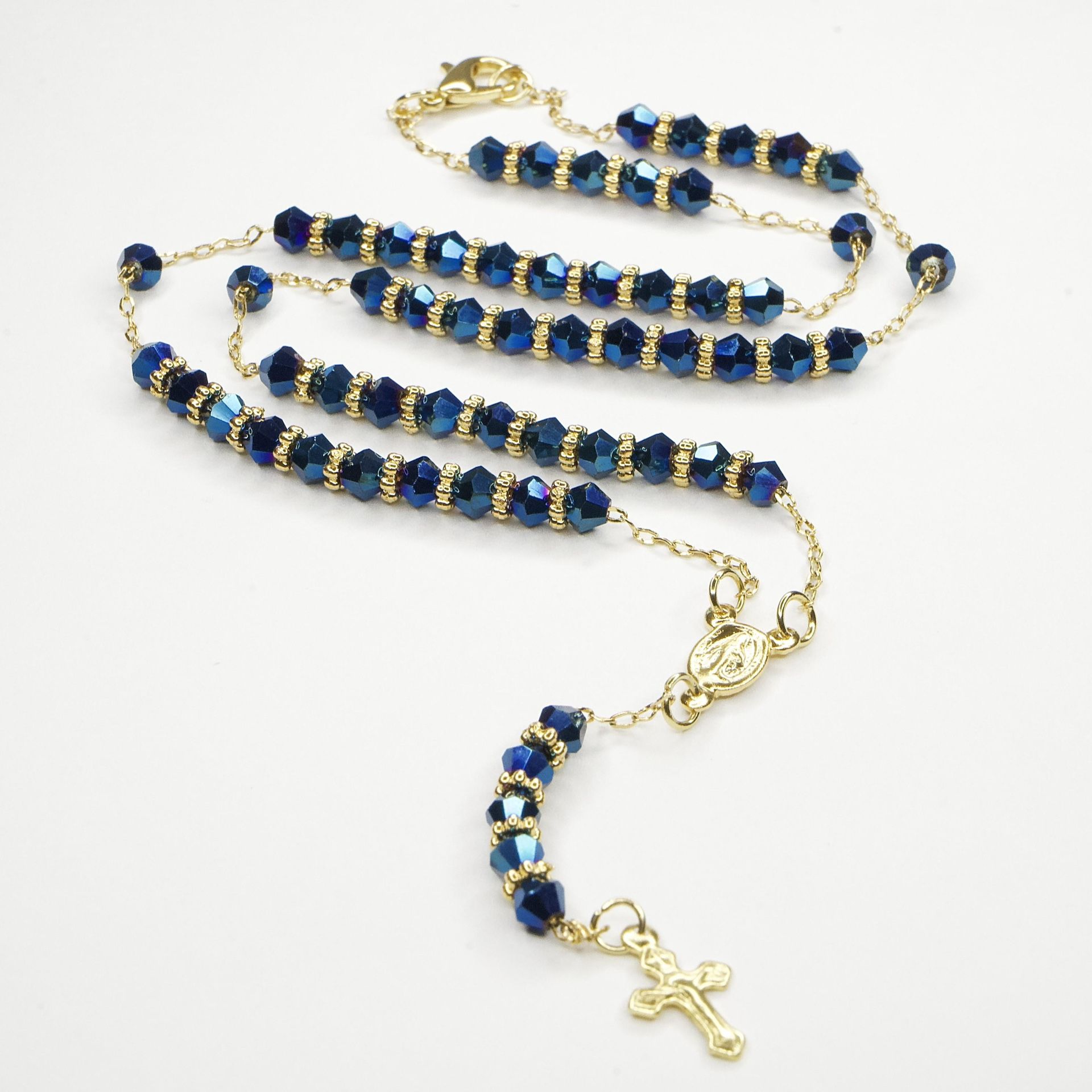 Rosary Blue Beads Necklace Gold Plated Blessed by Pope for Women