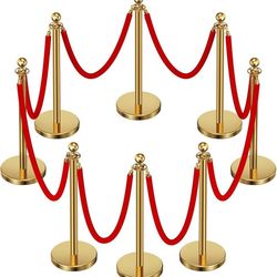 8pcs Sturdy Gold Stanchion Posts and 8pcs High Quality Red Carpet Velvet Ropes, Water/Sand/Concrete Fillable Leakproof Base, Crowd Control Barriers fo