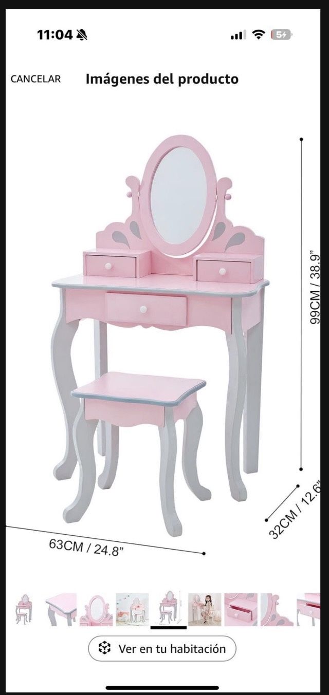 Comoda O Tocador Para Niñas Con Silla O Taburete Para Sentarse,espejo Y Cajones De Almacenamiento 