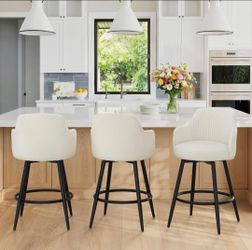 Swivel Bar Stools Set of 3, 26" Counter Height Bar Stools with Ergonomic Semi-Enclosed Back, Fabric Upholstered Barstools with Spring Cushion for Kitc