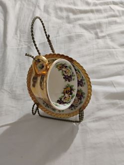 Porcelain Teacup and Saucer with Metal Stand