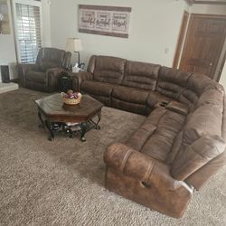 Leather Brown Sectional With Recliner 