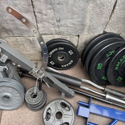 Bench And Weight Rack With 225 Plates And 3 Bars For Curl And Squats And Extras As New 