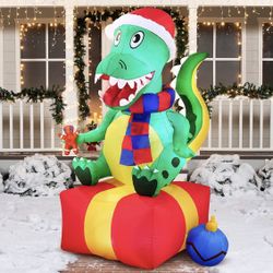 6 FT Christmas Dinosaur Inflatable Decoration, Gift Box Inflatable with Build-in LEDs Blow Up Inflatables for Xmas Party Indoor, Outdoor, Yard, Garden