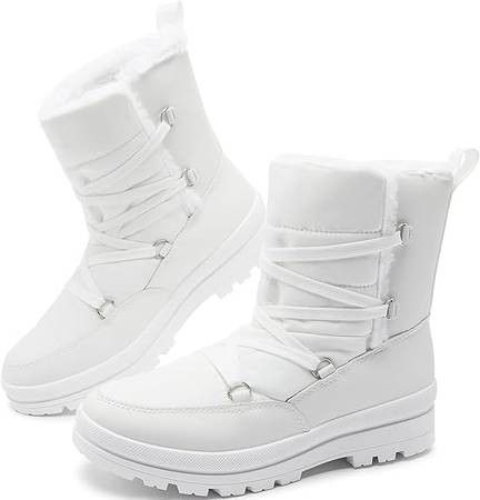 NEW SZ 11 Women Insulated Winter Snow Boots Waterproof Black Fur Lined Warm Mid Calf Non-Slip Ankle Boots - White Lace-Up Platform