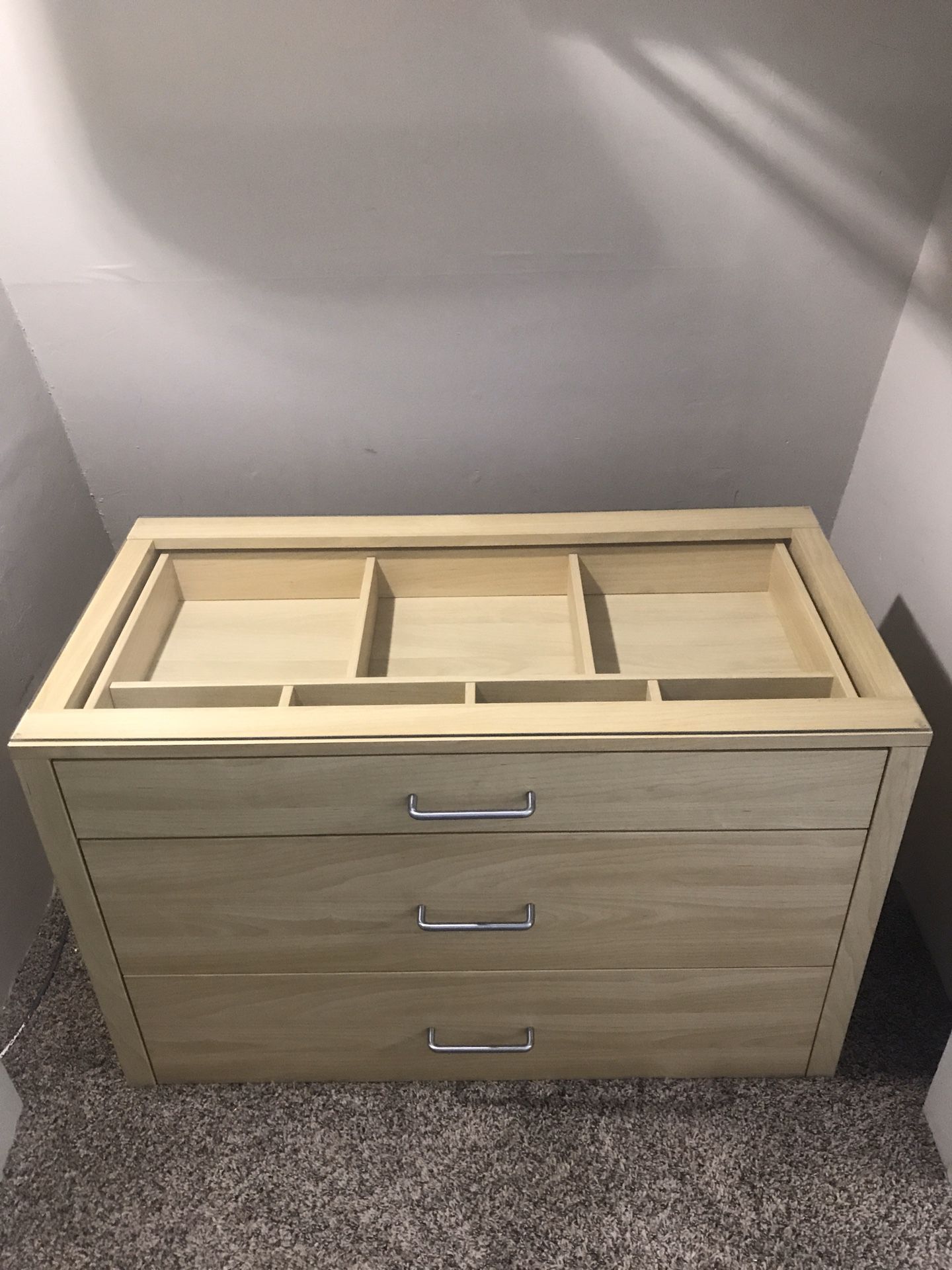 Wood 3 drawer dresser with glass top