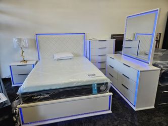 No credit needed brand new stock white LED queen size bed dresser mirror nightstand chest 5 PC bedroom set special