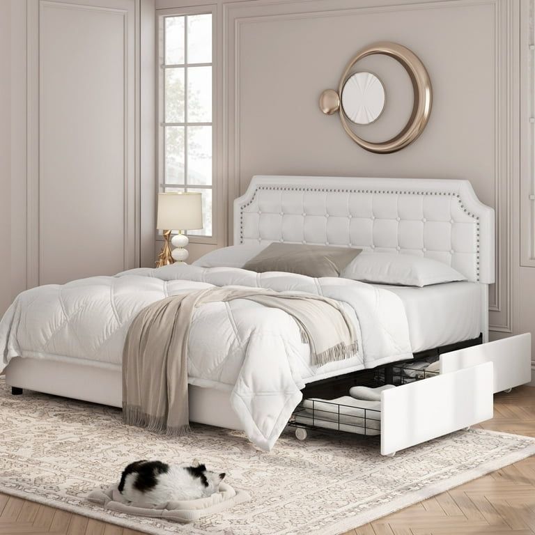 King Size Storage Bed, 4 Drawers PU Leather Platform Bed Frame with Adjustable Upholstered Headboard, White