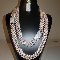 Full Ice Out Set 16MM, Chain And Bracelet 14k Gold Plated Cuban Link Set Doesn't Loses Color