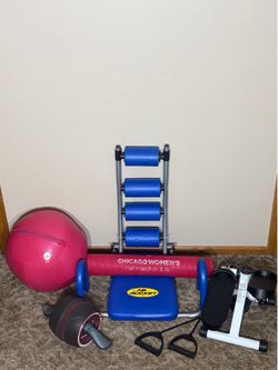 Home Gym Equipment Lot - Medicine Ball, Stepper, Ab Roller & Rocket, and Yoga Mat