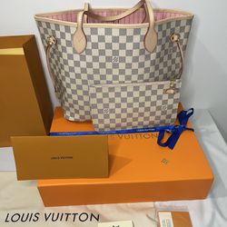 Authentic Louis Vuitton Damier Azur Pink/Rose Ballerine Interior Neverfull MM Handbag 