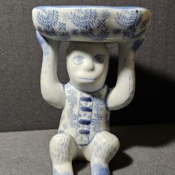 Vintage  Blue & White Ceramic Monkey Holding Dish Bowl