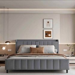 New Modern King Bed Frame Upholstered w/ Headboard, USB & Outlets