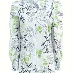 Floral print button front blouse elegant long sleeve top. Size: XL