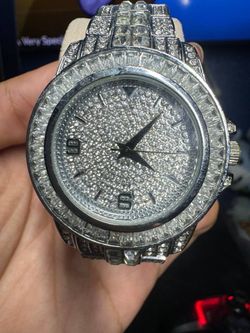 Iced Out Silver-Tone Crystal Watch