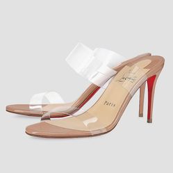 CHRISTIAN LOUBOUTIN JUST NOTHING  85 CLEAR STRAPS BLUSH NUDE LEATHER STILETTO HEEL SANDALS SZ 40 NEW