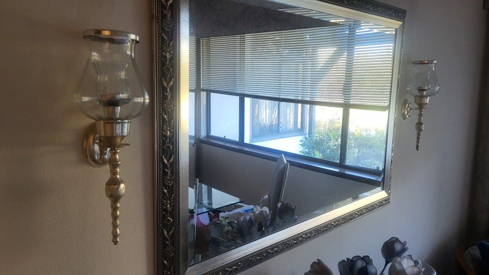 Mirror With Two Metal Candle Holders