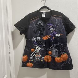 Disney Mickey and Friends Halloween Theme Scrub Top Womens Size XL Black 