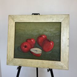 Framed Oil On Wood Red Apple Painting Wall Art Decor 19”x16” Item#025