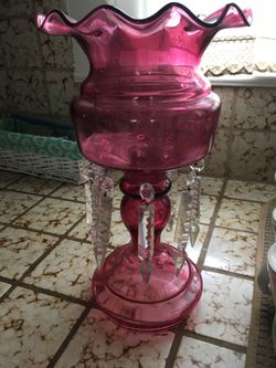 Pair Of Antique Cranberry Glass Lusters With Crystal Prisms For Sale 75.00 Worth $500