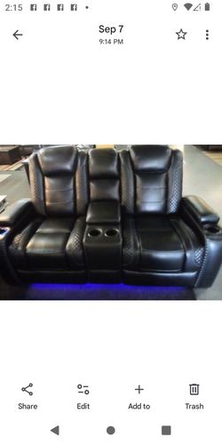 Black Leather Reclinable Couch With LED Lights