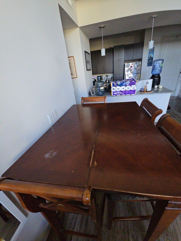 Solid Wood Dining Table Set + 6 Chairs (Expandable) – Needs TLC, Sold As Is