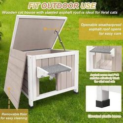 New PETSCOSSET Insulated Cat House, Outdoor Small Feral Cat Shelter for Winter w/ Escape Door, Grey