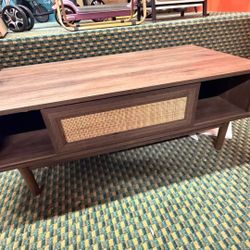 Modern Rattan Woven Coffee Table with Sliding Storage Door & Solid Wood Legs – Stylish Living Room Centerpiece, Easy Clean MDF Surface (Walnut)