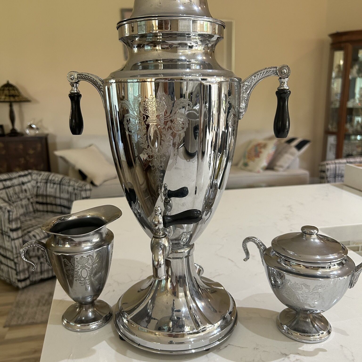 Period Piece Of History. Electric Chrome Coffee Maker with Sugar and creamer
