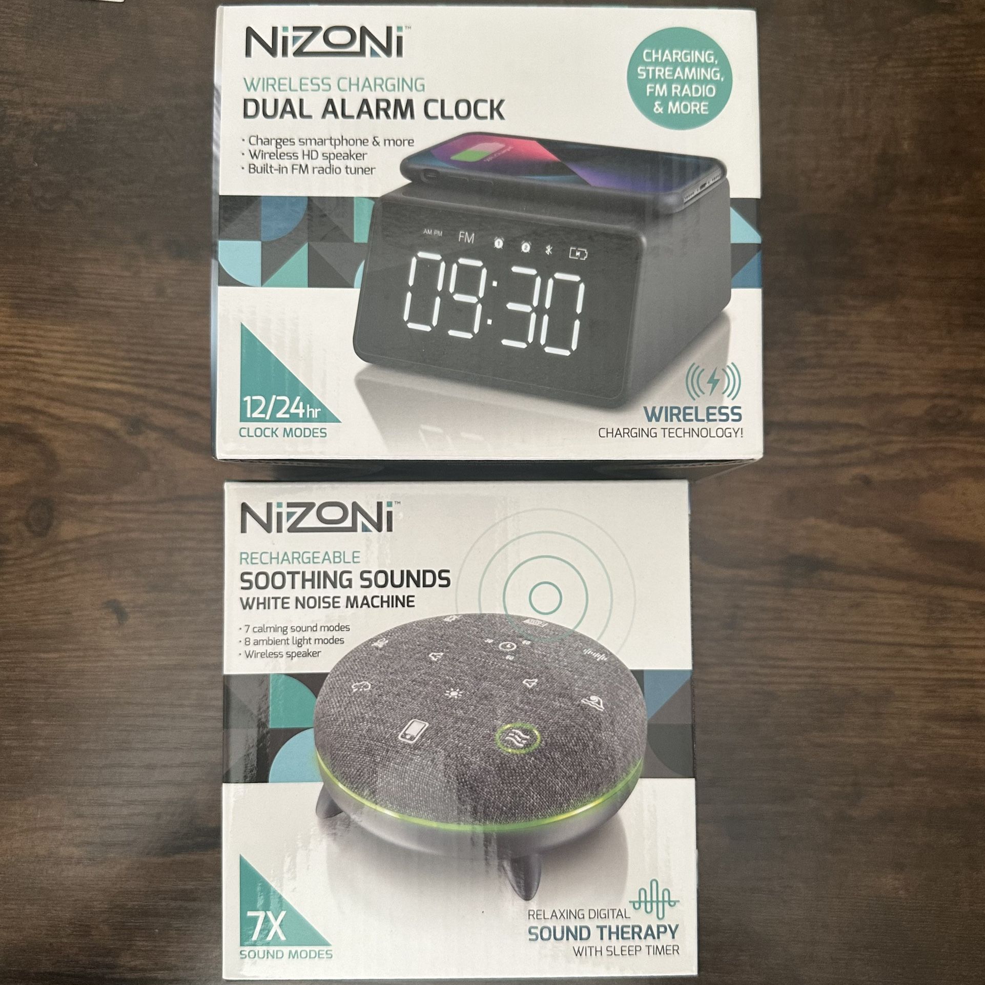 Nizoni Wireless Charging Dual Alarm Clock & Soothing Sound White Noise Machine Combo