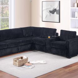 4-Piece Sectional Set Reversible Loveseat + Reversible Loveseat W/USB Console & Cup Holders + Corner Wedge + Armless Chair   💥  Seccional Color Negro