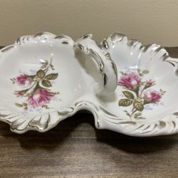So Pretty VibtagePorcelain Vintage Divided Tray Dish With Handle Roses