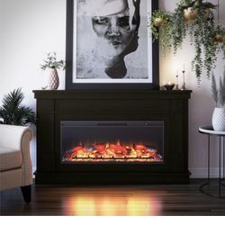 New In Box Home Elmcroft Wide Mantel with Linear Electric Fireplace, Charred Oak