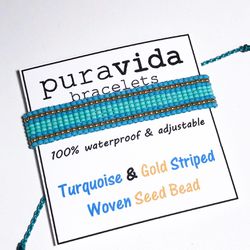 Pura Vida Bracelet – Turquoise & Gold Striped Woven Seed Bead